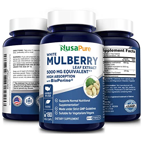 NusaPure White Mulberry Leaf Extract 5,000mg 180 Veggie Caps (Vegetarian, with Bioperine)