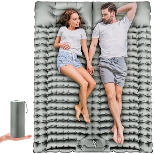 Double Sleeping Pad Self-Inflating 4" Thick for 2 Person Camping - Built-in Foot Pump, Ergonomic Pillow & Ultra-Portable Design for Backpacking, Hiking, Tent Use