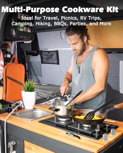 Camping Cooking Set - Camping Utensil Set Car Camping Cooking Essentials Gear for Camp Kitchen Cooking and Grilling, Stainless Steel & Silicone Ideal Gift for RV Tent Camper, Picnics, BBQs