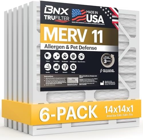 BNX TruFilter 14x14x1 Air Filter MERV 11 (6-Pack) - MADE IN USA - Allergen Defense Electrostatic Pleated Air Conditioner HVAC AC Furnace Filters for Allergies, Dust, Pet, Smoke, Allergy MPR 1200 FPR 7