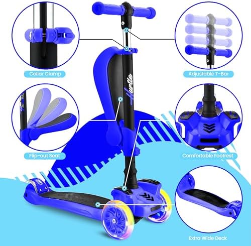 Hurtle 3-Wheeled Scooter for Kids - Wheel LED Lights, Adjustable Lean-to-Steer Handlebar, and Foldable Seat - Sit or Stand Ride with Brake for Boys and Girls Ages 1-14 Years Old