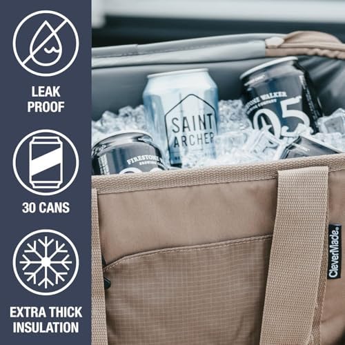 CleverMade Collapsible Cooler Bag, 30 Can Beach & Travel Car Cooler, Folding Soft Cooler, Shoulder Strap, Bottle Opener, Great Car Coolers for Travel, Leak Proof Cooler Bag [Cool Gray/Cognac]