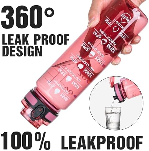 OLDLEY Water Bottle, 32oz Motivational Sports Water Bottle with Time Marker - Times to Drink - Tritan, BPA Free, Wide Mouth Leakproof,Clear Red