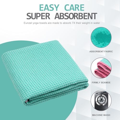 Eunzel Hot Yoga Towel - Microfiber Non Slip Yoga Mat Towel with Grip Dot Sweat Absorbent Towel for Hot Yoga, Pilates and Fitness 72" x 24", Teal/Pink