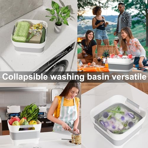 2.4 Gal Collapsbile Wash Basin with Drian Plug,9L Dish Pan for Soaking Baby Bottles,Portable Sink, Multiuse Foldable Bucket,Ice Beverage Tubs for Camping, Vegetable Washing, RV (Gray)