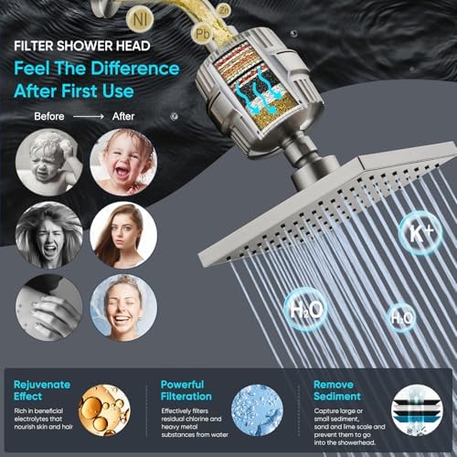 Cobbe High Pressure Filtered Shower Head Combo, Rain Shower Head with 20 Stage Shower Head Filter for Hard Water - Adjustable Replacement Remove Chlorine and Harmful Substances, Brushed Nickel