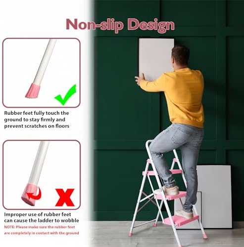 BONTEC 3-Step Ladder, Folding Step Stool, 600lbs Max Load Capacity, Sturdy Steel, Non-Slip Pedals, Lightweight, Portable Steel Ladder with Convenient Handrail, Safety Design for Home & Work, Pink