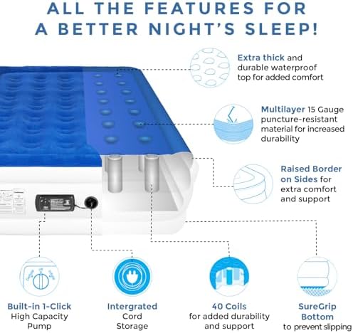 SoundAsleep Dream Series Luxury Air Mattress with ComfortCoil Technology & Built-in High Capacity Pump for Home & Camping- Double Height, Adjustable, Inflatable Blow Up, Portable - Full Size