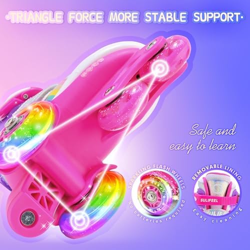 SULIFEEL Rainbow Unicorn 4 Size Adjustable Light up Roller Skates for Girls Boys for Kids