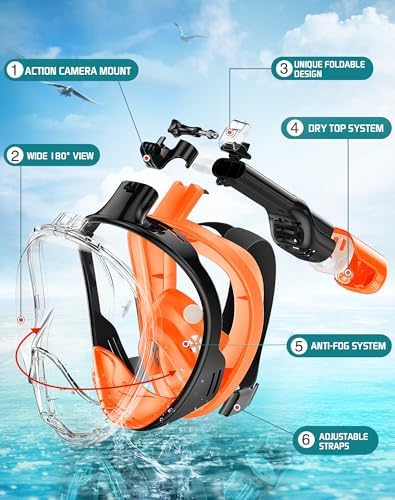 Greatever Full Face Snorkel Mask, Snorkeling Gear for Adults with Latest Dry Top Breathing System and Detachable Camera Mount, Foldable Snorkel Mask Adult, Snorkels Anti-Fog & Anti-Leak