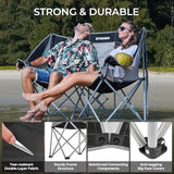 FUNDANGO Oversized Double Camping Chair, 660lbs Heavy Duty 2 Person Folding Padded Loveseat for Adults with Arm Cup Holder for Outdoor Patio Lawn Camp with Carry Bag (Black/Grey)