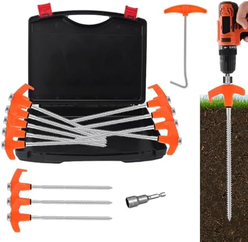 8" Tent Stakes Heavy Duty 12 Pack, Screw in Tent Stakes, Metal Threaded Camping Stakes, Ground Anchors for Canopies, Gardening and Inflatable Decor, with Hex Socket, Stake Puller and Storage Box