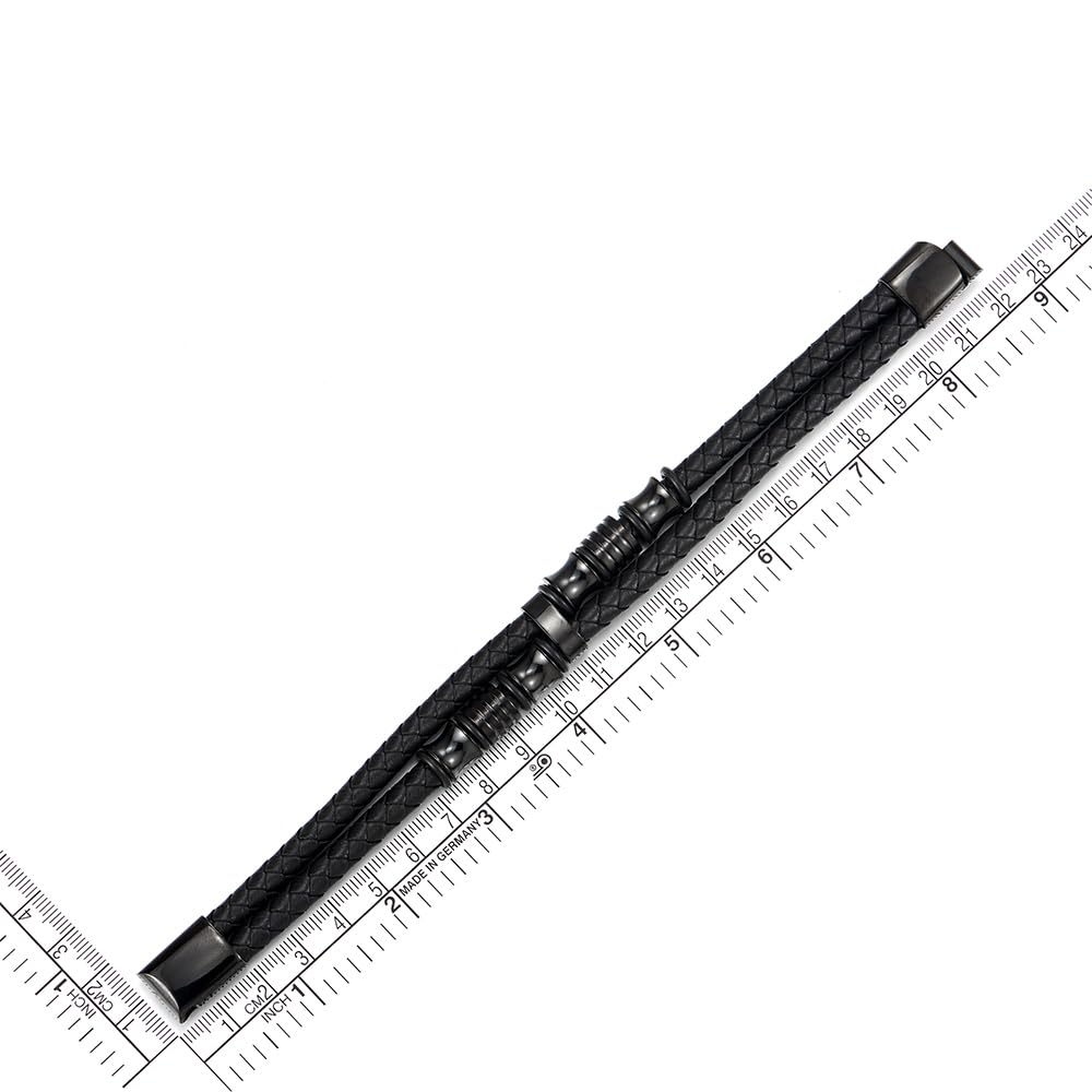 Men's Black Braided Leather Bracelet with Stainless Steel Accents Double-Layer Design Durable Biker Punk Style Wristband Modern Minimalist Fashion Jewelry for Men
