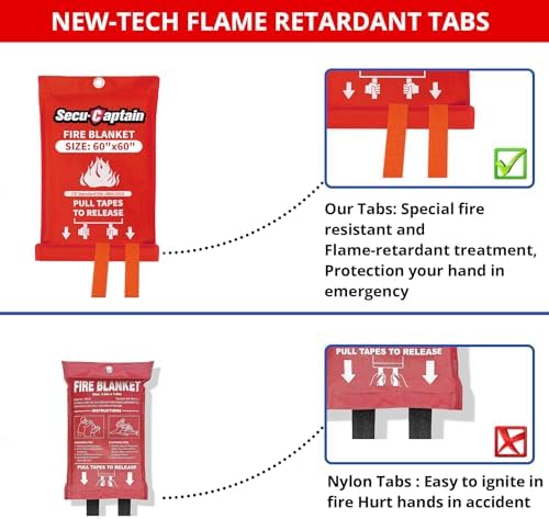 SecuCaptain Emergency Fire Blanket for Home - 60"x60" X-Large Flame Retardant Blankets with Fireproof Tabs for House Camping Kitchen Fire Protection Survival Safety 1 Pack