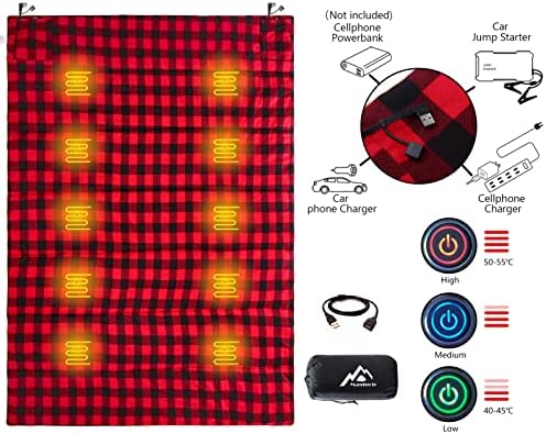 Heated Sleeping Bag pad, Heated Sleeping Bag Liner, 5 Heating Zones, Multi USB Power Supported, Operated by Battery Power Bank or Other USB Power Supply, Compact Bag Included.