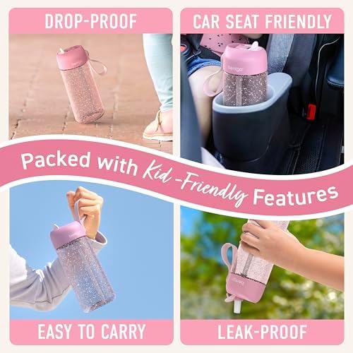 Bentgo Kids Water Bottle - Leak-Proof, Durable Tritan, BPA-Free 15 oz. Cup for Kids/Toddlers Ages 3+, Safe Sip Spout, Carrying Handle, & Dishwasher Safe for School (Glitter Edition - Petal Pink)