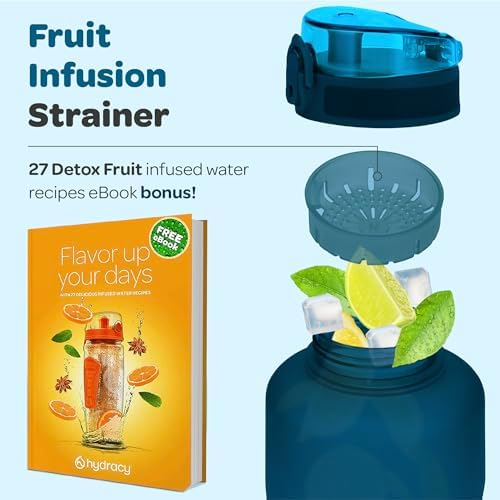 Hydracy Water Bottle with Time Marker -Large BPA Free Water Bottle & No Sweat Sleeve -Leak Proof Gym Bottle with Fruit Infuser Strainer & Times to Drink -Ideal for Fitness Sports & Outdoors