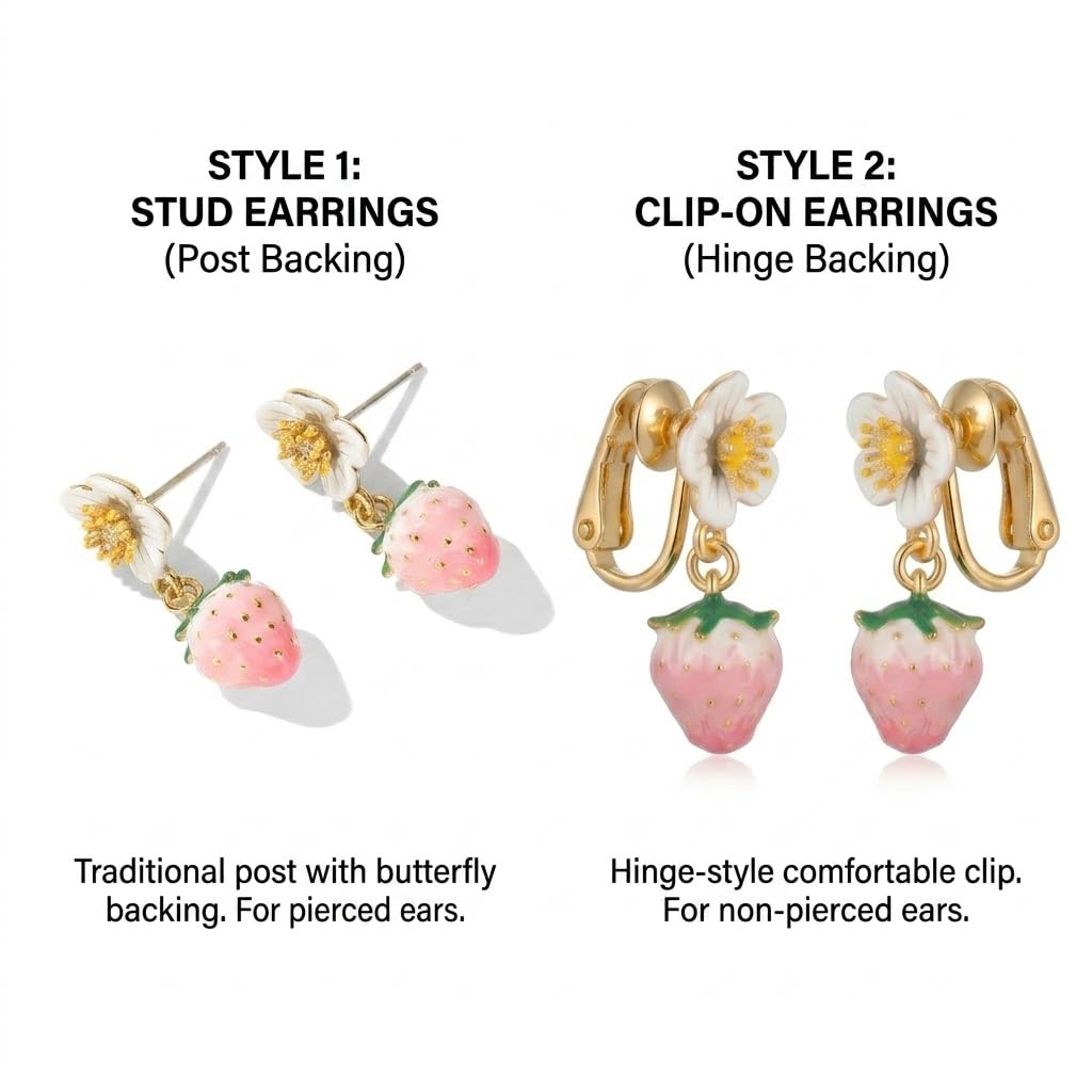 Pink Strawberry Flower Drop Earrings - Cute Enamel Fruit & Floral Stud Drop Earrings for Women, 18K Gold Plated Dainty Aesthetic Jewelry