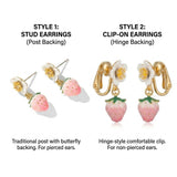 Pink Strawberry Flower Drop Earrings - Cute Enamel Fruit & Floral Stud Drop Earrings for Women, 18K Gold Plated Dainty Aesthetic Jewelry