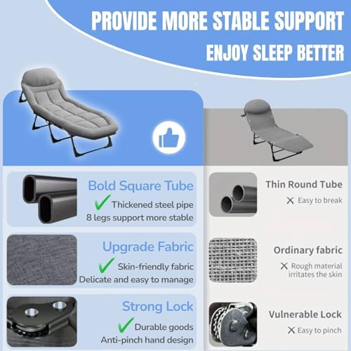 Chaise Lounge Chair, Folding Cot, 6-Angle Adjustable Camping Cot with Mattress for Patio and Beach, Foldable Bed Portable Heavy Duty Lay Flat Reclining with Pillow (Grey, M - 70")