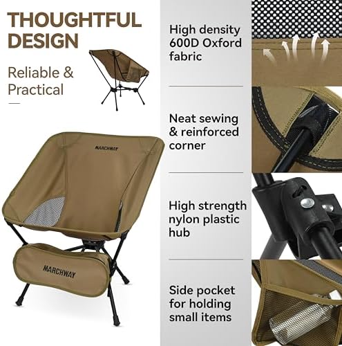 MARCHWAY Lightweight Folding Camping Chair with Spring Lock, Stable Compact Portable for Outdoor Camp, Travel, Beach, Picnic, Festival, Hiking, Backpacking (Lowback Khaki)