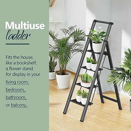 WOA WOA 4 Step Ladder, Ladders for Home, Anti-Slip Pedals, Aluminum Step Stool Foldable, Lightweight to Move, Ease of Storage, Reach 9ft for Closet Kitchen Library, Hold 300lbs - Black