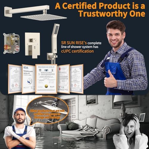 SR SUN RISE Shower Faucet Set Bathroom Square Rain Shower Head with Handheld Spray Wall Mounted Rainfall Shower Fixtures Brushed Nickel Shower Faucet Trim Repair Kits (Contain Shower Valve)10 Inches