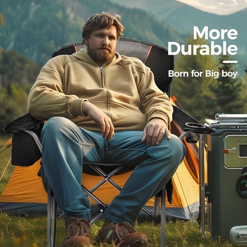ALPHA CAMP Oversized Camping Folding Chair, Heavy Duty Support 450 LBS Steel Frame Collapsible Padded Arm Chair with Cup Holder Quad Lumbar Back, Portable for Outdoor