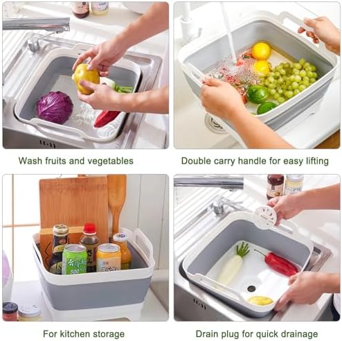 Dishpan, 9L Collapsible Washing Basin (Gray, PP, TPR), Portable Dish Tub with Drain Plug, Space-Saving Drying Rack for Kitchen, Camping, Laundry use