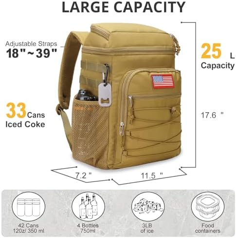 Tactical Backpack Cooler, 25L Cooler Backpack Insulated Leak-Proof, Heavy Duty Large Lunch Backpack, Waterproof Ice Chest Backpack for Men Women Adults Work Daytrip Camping Beach Hiking Accessories