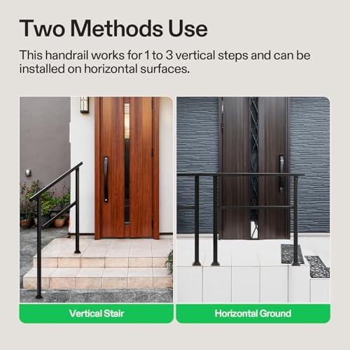 VIVOSUN Outdoor Handrail, 3 Step Stair Handrail, 40" x 36" Fits 1 to 3 Steps, Wrought Mattle Iron Handrail for Concrete Steps, Porch Steps, One-Step Assembly, Black