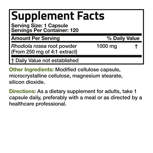 Bronson Rhodiola Rosea 1000mg Supplement - Adaptogenic Herb for Brain, Stress & Mood Support - Non-GMO, 120 Vegetarian Capsules