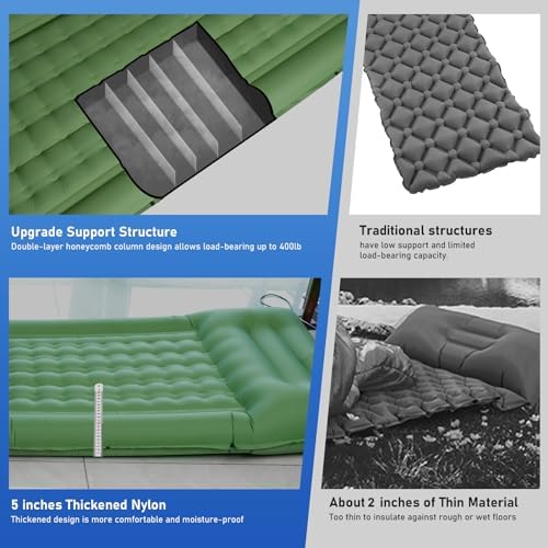 Camping Mattress Extra Thick 5in, Sleeping Pad for Camping with Pillow, Single Backpacking Mat Built-in Pump, Self Inflating Sleeping Pad, Sleep Mat Holds 440 lbs, 40D Nylon, Repair Kit