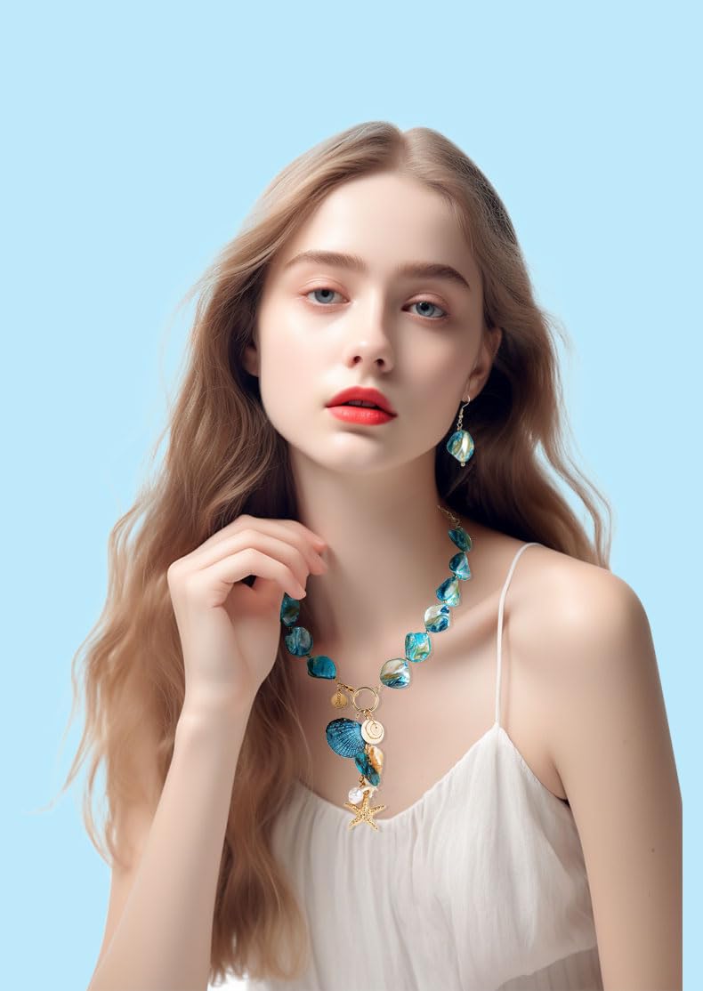 Coiris Natural Seashell Choker Necklaces Earrings Jewelry Set for Women Starfish Shell Freshwater Pearl Collar Necklaces for Women Irregular Mother of Pearl Jewelry Set(ST0023-Blue)