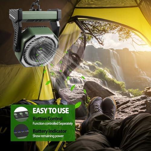 20000mAh Camping Fan, Rechargeable Portable Fan with 400 Lumes Light, 360° Rotatable Hook, 270° Pivot, 4 Speeds, 58Hrs Battery Powered for Tent Car Trip Outdoor BBQ Hurricane Power Outages
