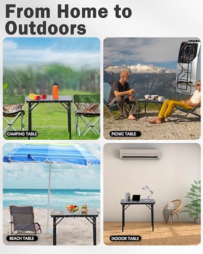 LOFTEY 2024 Reinforced Small Folding Table Portable, Small Foldable Camping Table, Heavy-Duty Mini Folding | Adjustable Height | Lightweight Premium Aluminum with Handle | Black 25"x16.2"x22"