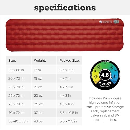 Big Agnes Rapide SL - Insulated Sleeping Pad, Ultralight, All Season Compact Backpacking and Hiking, Pumphouse Sack Included, Orange, 25x72 Wide Regular