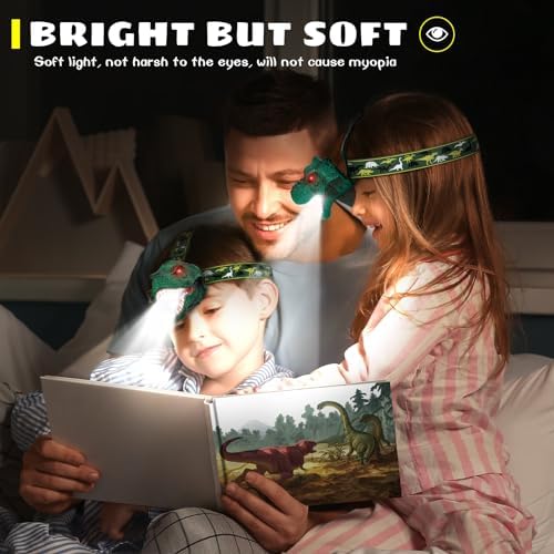 Dysaim Kids Headlamp,Rechargeable T-Rex Dinosaur Headlamp for Kids and LED Head Lamp Camping Gear Flashlight,Hiking Accessories Headlight Toys,Four Light Modes Suitable for Reading/Party Gift