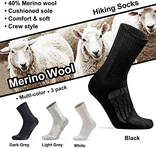 Busy Socks 3 Pack Men's Merino Wool Hiking Crew Socks Womens Warm Thick Cushioned Outdoor Athletic Socks for Walking Running