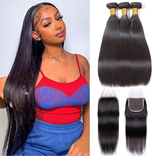 10A Brazilian Straight Human Hair 3 Bundles with Closure 16 18 20+14 Inch 100% Unprocessed Straight Virgin Hair Weave Bundles Human Hair with 4x4 HD Lace Closure