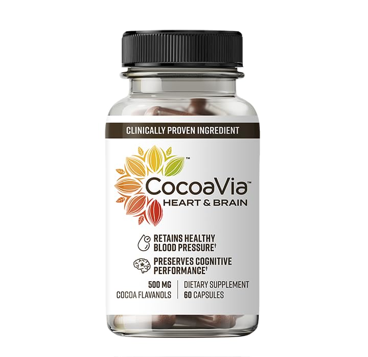 CocoaVia Heart & Brain Supplement, 30 Day, Cocoa Flavanol Extract, Memory & Circulation Booster, Nitric Oxide, Boost Oxygen & Energy, Plant Based, Gluten Free, Vegan, 60 Capsules