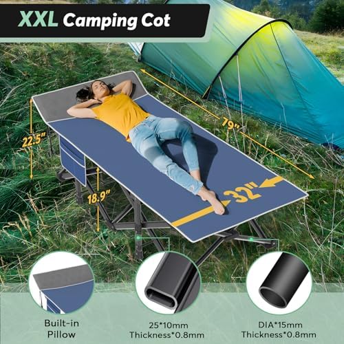 Slendor XXL Camping Cot, Oversized Cot for Adults, 79" L x 32" W x 19" H Sleeping Bed with Mattress, Carry Bag, Folding Camping Cot Bed for Travel, Guest, Support 500lbs