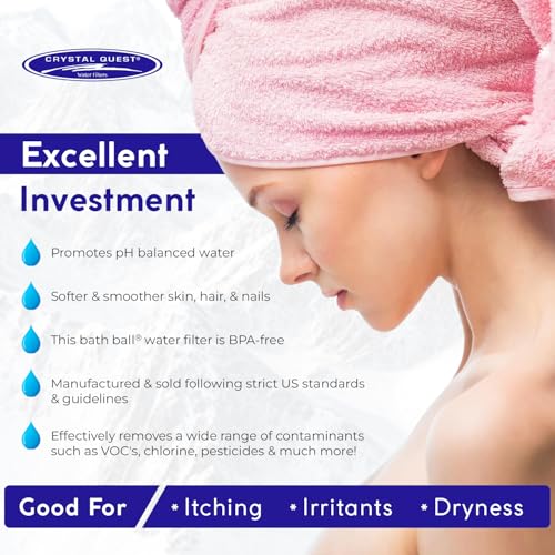 Crystal Quest Bath Ball Water Filter for Bathtub - 3-Stage Filtration, Removes Chlorine, Chloramine & Byproducts, 2,500 Gallons, BPA Free, pH Balanced Water, Fits All Tubs, Easy Install, Built in USA