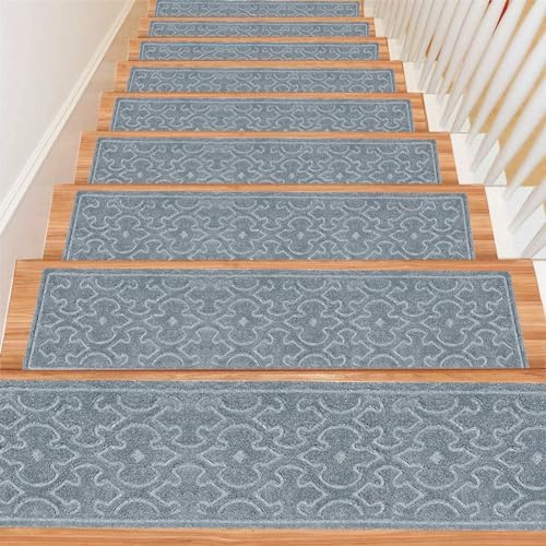 15Pcs Stair Treads for Wooden Steps Indoor with Self Adhesive, 8"x30" Non Slip Stair Runners-Peel & Stick Indoor Stair Carpet Runner, Resistant Indoor Runner for Kids、Elders and Pets, Light Gray