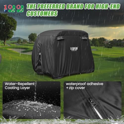 10L0L 2/4/4+2 Passenger Golf Cart Cover Fits for Yamaha EZGO Club Car, 420D Waterproof Durable Polyester Golf Cart Cover with Three Zipper Doors Windproof Sunproof - Black/Army Green/Sliver