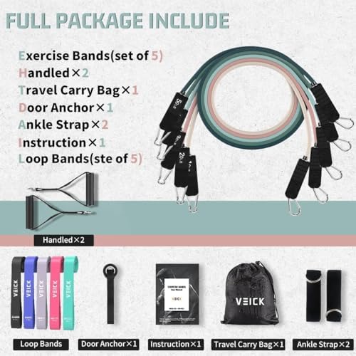VEICK Resistance Bands, Exercise Bands, Workout Bands Set for Working Out with Handles for Men Women, Elastic Exercising Bands for Fitness Weights Work Out at Home Gym