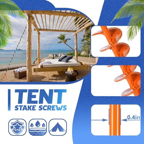 Tent Stakes for 2025, Ground Anchor Screw in, with 1PCS Tent Stakes Heavy Duty Adapter, for Heavy Duty Ground Stakes, Mobile Home Anchors, Anchors for Tent, Ground Screw Orange(12PCS,15in)