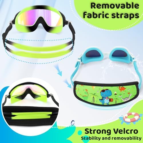 Vvinca Kids Swim Goggles for Age 2-8, Toddler-Goggles with Fabric Strap No Leak Pain-Free, Anti-Fog Goggles for Girls Boys
