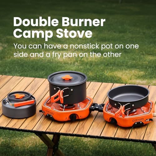 Propane 2 Burner Camping Stove with Carrying Bag, Portable Folding Gas Stove for Camping, Backpacking Camp Stove for Outdoor Cooking, With 17,000 BTU Adjustable Burners for BBQ, Tailgating