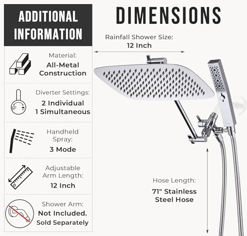 G-Promise All Metal 12 Inch Dual Shower Head with Handheld Combo, Rain Shower Head, Adjustable Extension Arm, Smooth 3-Way Diverter, 71 Inch Extra Long Hose - A Bathroom Upgrade (Chrome)